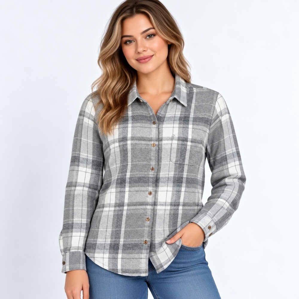 Kuhl Plaid Flannel Shirt Women Medium Grey White Long Sleeve Button Up Outdoor